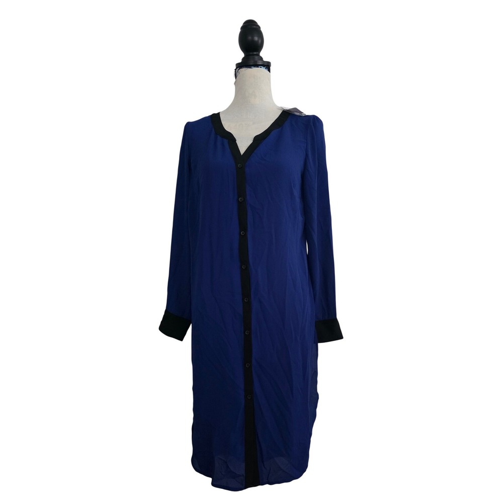 New York & Company 7th Avenue Blue Black Button Front Tunic Shirt Dress Small